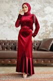 Neva Style - Tokalı Kemerli Bordo Tesettür Kadife Elbise 3748BR