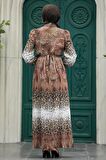 Neva Style - Leopar Desenli Çikolata Tesettür Elbise 3878CK