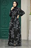 Yaprak Desenli Siyah Tesettür Elbise 279310S