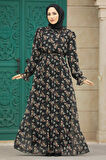 Çiçek Desenli Siyah Tesettür Elbise 29713S