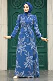 Yaprak Desenli İndigo Mavisi Tesettür Elbise 279310IM