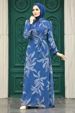 Yaprak Desenli İndigo Mavisi Tesettür Elbise 279310IM