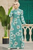 Çiçek Desenli Çağla Yeşili Tesettür Elbise 279314CY