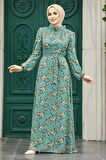 Çiçek Desenli Çağla Yeşili Tesettür Elbise 27947CY