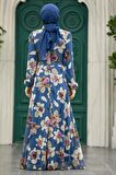 Çiçek Desenli İndigo Mavisi Tesettür Elbise 279325IM