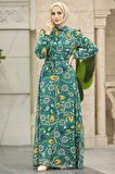 Çiçek Desenli Yeşil Tesettür Elbise 279326Y