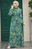 Çiçek Desenli Yeşil Tesettür Elbise 279326Y