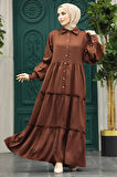 Kat Piliseli Kahverengi Tesettür Elbise 5884KH