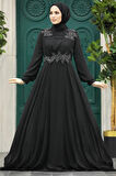 Boncuk Detaylı Siyah Tesettür Abiye Elbise 22113S