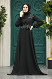 Boncuk Detaylı Siyah Tesettür Abiye Elbise 22113S
