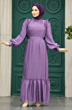Pileli Koyu Lila Tesettür Elbise 39651KLILA