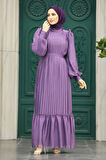 Pileli Koyu Lila Tesettür Elbise 39651KLILA