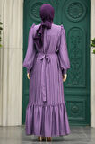 Pileli Koyu Lila Tesettür Elbise 39651KLILA