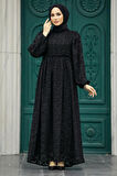 Neva Style - Desenli Siyah Tesettür Elbise 1388S