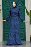 Simli Lacivert Tesettür Abiye Elbise 2323L