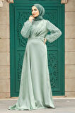 Pul İşlemeli Çağla YeşiliTesettür Abiye Elbise 2311CY