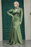 Kuyruklu Çağla Yeşili Saten Tesettür Abiye 22891CY