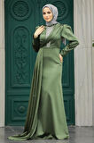 Kuyruklu Çağla Yeşili Saten Tesettür Abiye 22891CY