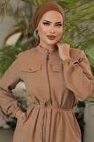 Düğmeli Camel Tesettür Tunik 645C