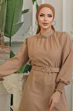 Kemerli Camel Tesettür Elbise 661C