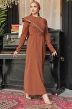 Tokalı Kemerli Kahverengi Tesettür Abiye Elbise 664KH