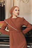 Tokalı Kemerli Kahverengi Tesettür Abiye Elbise 664KH