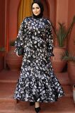 Çiçek Desenli Siyah Tesettür Elbise 60901S