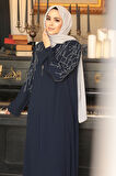 Boncuk İşlemeli Lacivert Tesettür Abaya 29110L