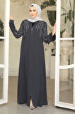 Boncuk İşlemeli Füme Tesettür Abaya 29110FU