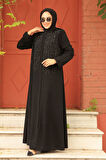 Boncuk İşlemeli Siyah Tesettür Abaya 29106S