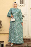 Çiçek Desenli Çağla Yeşili Tesettür Elbise 61091CY