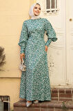 Çiçek Desenli Çağla Yeşili Tesettür Elbise 61091CY