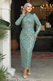 Boncuk İşlemeli Çağla Yeşili Tesettür Abiye Elbise 52054CY