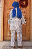 Desenli İndigo Mavisi Tesettür İkili Kimono Takım 12122IM