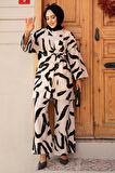 Desenli Siyah Tesettür İkili Kimono Takım 12123S