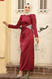 Drape Detaylı Bordo Tesettür Saten Abiye Elbise 5940BR
