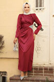 Drape Detaylı Bordo Tesettür Saten Abiye Elbise 5940BR