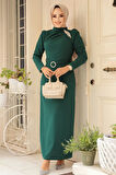 Boncuk Detaylı Zümrüt Yeşili Tesettür Abiye Elbise 30014ZY