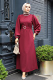 Kemerli Bordo Tesettür Abiye Elbise 30031BR