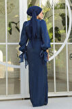 Drape Detaylı Lacivert Tesettür Abiye Elbise 47261L