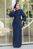 Drape Detaylı Lacivert Tesettür Abiye Elbise 47261L