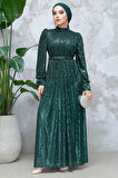 Payetli Zümrüt Yeşili Tesettür Abiye Elbise 44961ZY