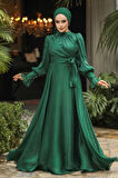 Bağlama Detaylı Yeşil Tesettür Abiye Elbise 48051Y