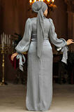 Drape Detaylı Gri Tesettür Abiye Elbise 47261GR