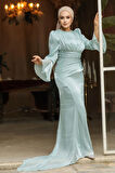 Drape Detaylı Mint Tesettür Abiye Elbise 48531MINT