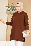 Fitilli Kahverengi Tesettür Triko Tunik 65903KH