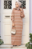 Çizgili Bisküvi  Tesettür Triko Elbise 65905BS