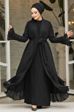 Volanlı Siyah Tesettür Abaya 4482S