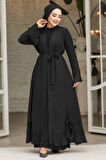 Volanlı Siyah Tesettür Abaya 4482S