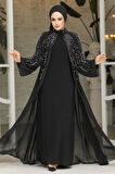 Boncuk İşlemeli Siyah Tesettür Abaya Takım 46151S